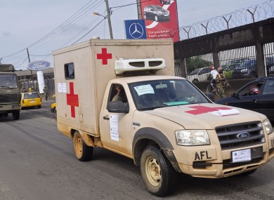 Liberian soldiers in a medical truck as they patrol streets in Monrovia today to prevent panic over the Ebola epidemic.