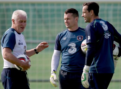Goalkeeping coach Seamus McDonagh with (left) Given and Forde (right).