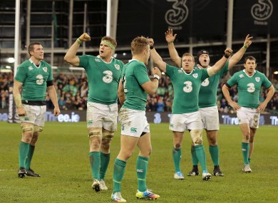The Irish rugby team celebrate beating Australia.