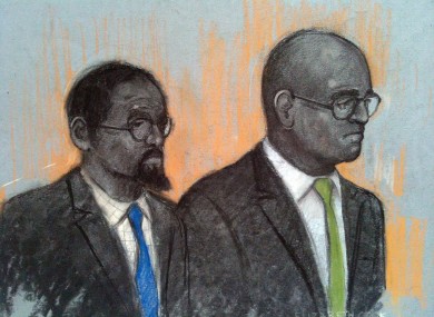 Court artist sketch by Elizabeth Cook of Hasan Mohamed (left) and Dr Dhanuson Dharmasena appearing at Southwark Crown Court in London
