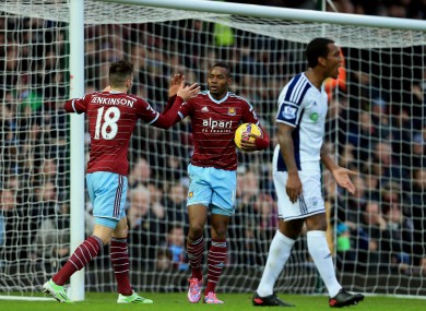 West Ham United's Diafra Sakho (right) celebrates scoring with teammate Carl Jenkinson.