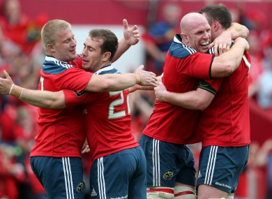 John Ryan, JJ Hanrahan, Paul O'Connell and Donnacha Ryan celebrate after Munster's semi-final win.