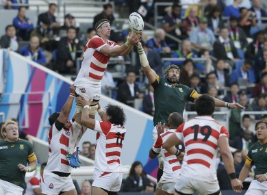 Japan's Luke Thompson, top left, and South Africa's Victor Matfield compete for the ball in a line out during the Rugby World Cup Pool B match.