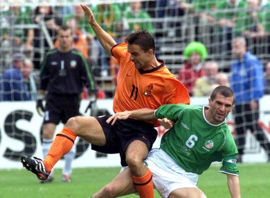 Roy Keane tackles Marc Overmars during the famous 2001 encounter between Ireland and Holland.