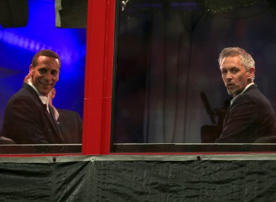 Gary Lineker (right) and Rio Ferdinand in the sky box prior to kick-off.