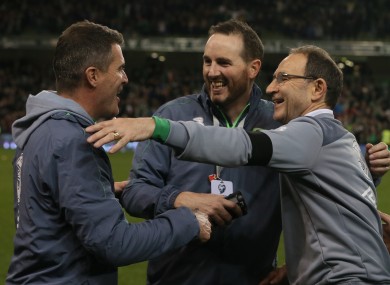 Republic of Ireland manager Martin O'Neill (right) and assistant manager Roy Keane celebrate after the UEFA Euro 2016 Qualifying Playoff second leg at the Aviva Stadium.