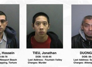 The men from left are, 37-year-old Hossein Nayeri, charged with kidnapping and torture; 20-year-old Jonathan Tieu, who is charged with murder, and 43-year-old Bac Duong, charged with attempted murder.