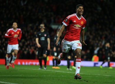 Marcus Rashford celebrates one of his two goals.