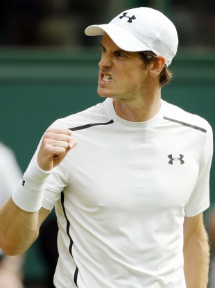 Andy Murray of Britain celebrates after beating Yen-Hsun Lu of Taiwan in their men's singles match on day four of the Wimbledon Tennis Championships in London.