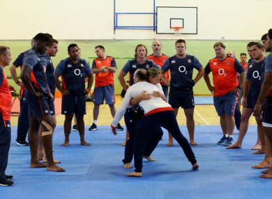 England players learn Judo techniques from British Judo coaches JP Bell and Kate Howey during a training session at Brighton College.