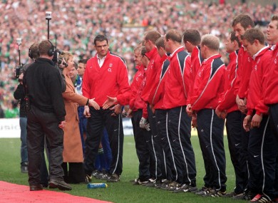 Irish President Mary McAleese is introduced to the England team by Captain Martin Johnson after the England team lined up in the wrong position before the start of the match.