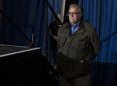 Bannon looks on as Trump speaks during a campaign rally two weeks ago.