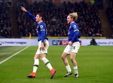 Everton's Ross Barkley celebrates scoring his side's second goal of the game with Tom Davies (right).