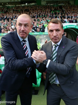 Rangers boss Mark Warburton with Celtic manager Brendan Rodgers.