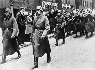 German troops, led by a band, enter Oslo in April 1040.