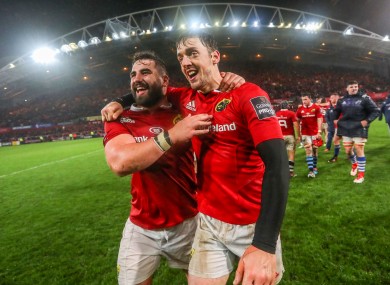 Peter McCabe (left) celebrates with Darren Sweetnam after Munster's win against the Maori All Blacks in November.