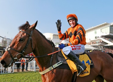 Tom Scudamore celebrates winning the Ryanair World Hurdle on Thistlecrack.