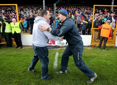 Tipperary manager Michael Ryan (right) with Wexford boss Davy Fitzgerald after yesterday's Allianz Hurling League semi-final.