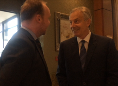 Fine Gael TD Noel Rock and former British Prime Minister Tony Blair at Druids Glen Hotel in Wicklow.