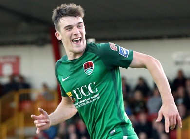 Ryan Delaney celebrates after Kevin O'Connor scored the winner for Cork City against Sligo Rovers on Monday.