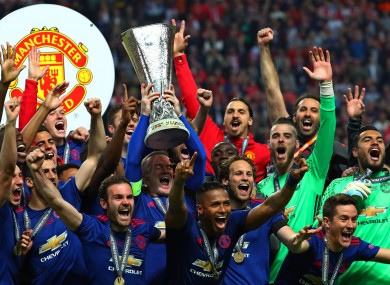 Manchester United players celebrate their Europa League triumph.
