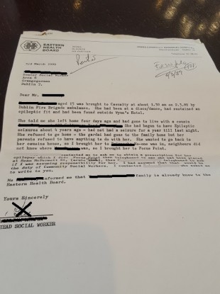 A letter from the Eastern Health Board confirming victim suffered fit and was brought to hospital. Also details family is known to health services.