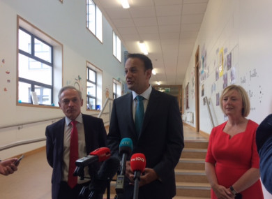 Education Minister Richard Bruton, Taoiseach Leo Varadakar and Social Protection Minister Regina Doherty at Stanhope Street Primary School this morning.