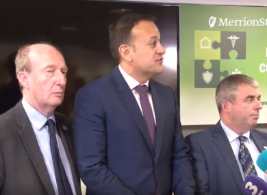 Taoiseach Varadkar with Transport Minister Shane Ross, left, and Kevin 'Boxer' Moran, Minister for State of Public Works and Flood Relief, right.