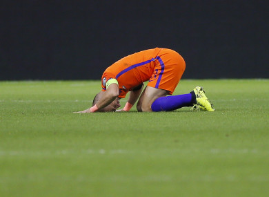 Netherland's Arjen Robben grimaces during a World Cup Group A soccer qualifying match.