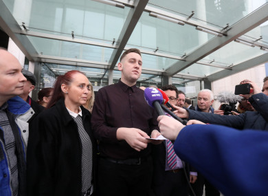 Jason Lester with his mother Sandra talking to the media while leaving the Central Criminal Courts in Dublin.