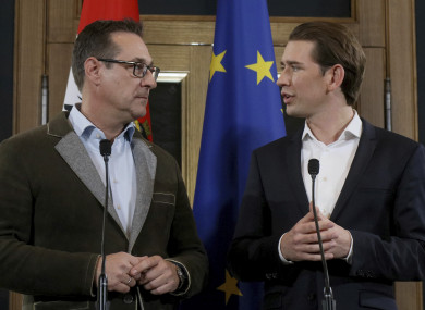 Heinz-Christian Strache, left, chairman of the right-wing Freedom Party, FPOE, at a press conference with Foreign Minister and leader of the Austrian People's Party, OEVP, Sebastian Kurz.