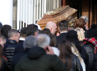 Family members and friends arriving with the coffin at Our Lady of Lourdes church on Sean McDermott Street for the funeral of gangland murder victim Derek Coakley Hutch.