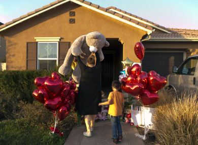 Neighbour Liza Tozier, and her son, Avery Sanchez, 6, drop off his large Teddy as a gift for the children.