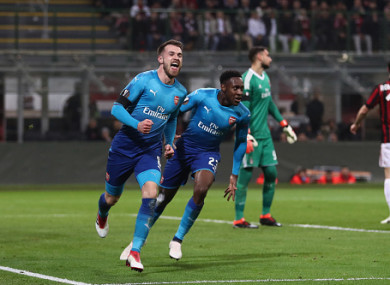 Aaron Ramsey of Arsenal celebrates after scoring.