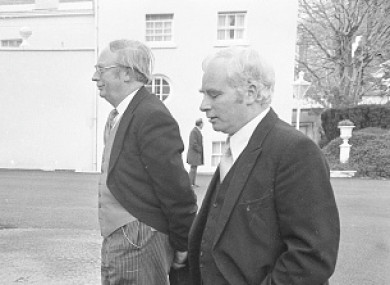 Ceann Comhairle Sean Treacy (right) and Chief Justice Tom O'Higgins arriving at Aras an Uachtarain for the reception for new President Cearbhall O Dalaigh in 1974.