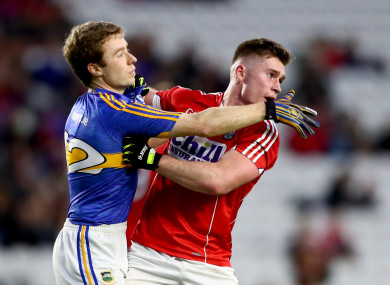 Flahive tussles with Tipperary's Brian Fox during their January League meeting.