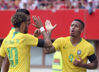 Neymar, Casemiro and Gabriel Jesus celebrate a Brazilian goal.