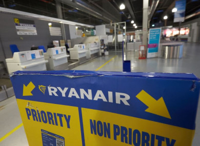 Empty Ryanair check-in counters at Frankfurt–Hahn Airport in Germany today.