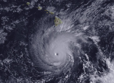 This image from the GOES-15 satellite shows Hurricane Lane, with a well-defined eye, positioned about 300 miles south of Hawaii's Big Island