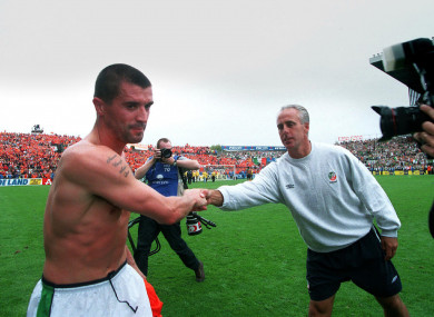Keane and McCarthy shake hands after the 2001 victory over Holland.