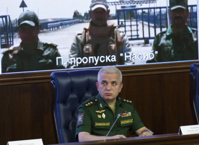 he head of Russia's National Defense Control Center, Colonel General Mikhail Mizintsev, speaks to the media during an inter-agency coordination headquarters meeting and video call between Moscow and Syria in Moscow, last month.