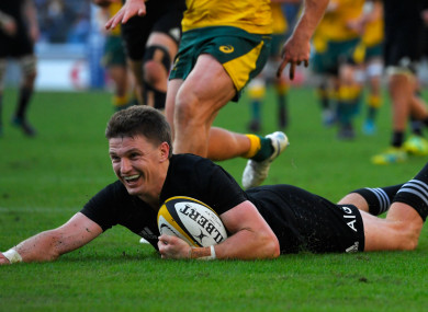 Beauden Barrett scores New Zealand's third try in Yokohama.
