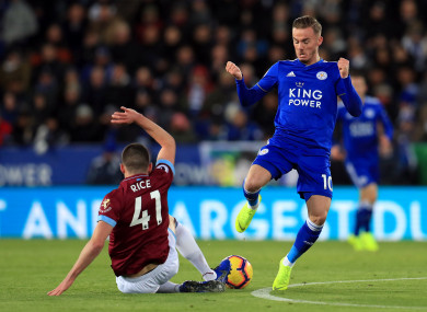 West Ham United's Declan Rice (left) and Leicester City's James Maddison battle for the ball.
