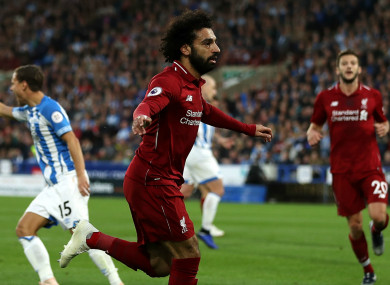 Mohamed Salah celebrates scoring for Liverpool.