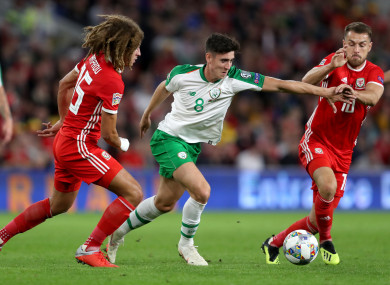 Ireland's Callum O'Dowda with Wales pair Ethan Ampadu (left) and Aaron Ramsey (right) during last month's Uefa Nations League match.