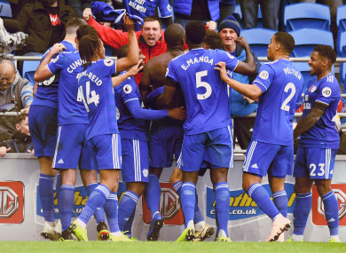 Sol Bamba celebrates with team-mates after scoring a late winner on Saturday.