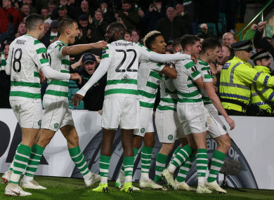 Celtic's Kieran Tierney celebrates scoring his side's first goal of the game.