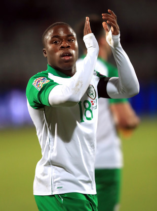 Michael Obafemi applauds the Ireland fans after last night's draw against Denmark.