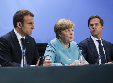 French President Emmanuel Macron, German Chancellor Angela Merkel and Dutch Prime Minister Mark Rutte