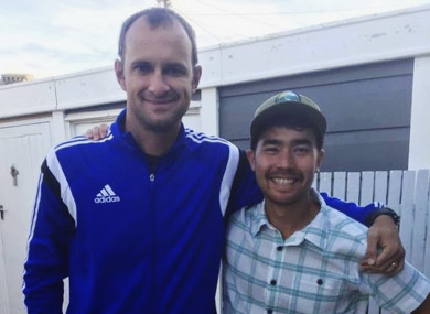 American adventurer John Allen Chau, right, stands for a photograph with Founder of Ubuntu Football Academy Casey Prince just days before he left for India